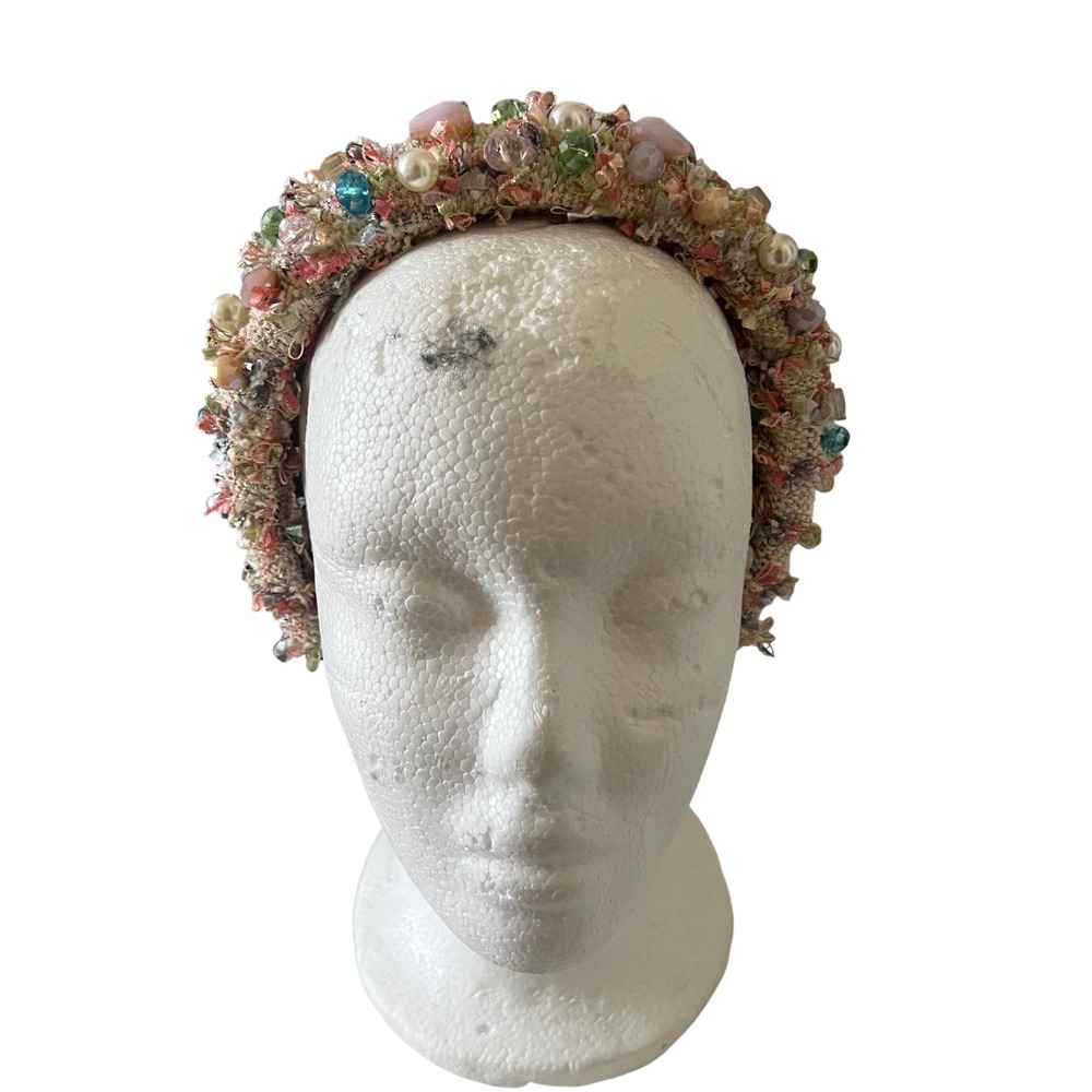 Women's Tweed Beaded Headband Multi Color Pastel Pearl Crystal Embellished‎